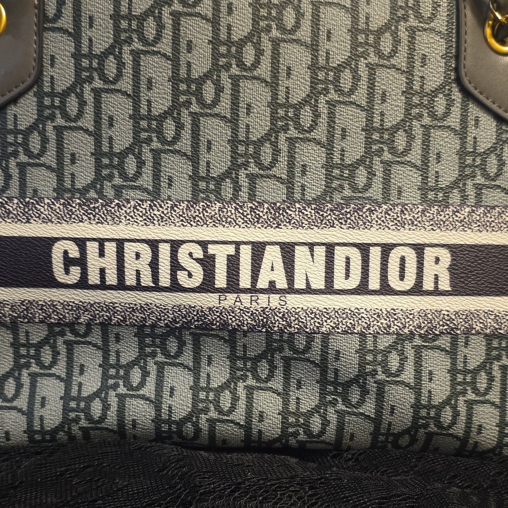 Dior Green Logo Canvas Tote with White CHRISTIAN DIOR Stripe